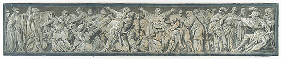 The Rape of the Sabines, Jacques Gamelin (French, Carcassonne 1738–1803 Carcassonne), Brush and blue-gray gouache, heightened with white, on beige paper.  Ruled framing lines in graphite; margins washed in blue.