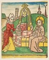 Christ and the Woman of Samaria, Anonymous, German, 15th century , Ulm, 1485 German, Woodcut; hand colored