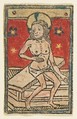 Seated Man of Sorrows (Schr. 910), Anonymous, German, 15th century, Woodcut, hand-colored