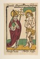 St. Gregory and St. Sebastian, Anonymous, German, 15th century German, Woodcut, hand-colored with handwriting in brown ink