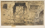 Fish Shop, Venice, James McNeill Whistler American, Etching and drypoint; fifth state of nine ( Glasgow) with extensive pencil alterations on shop, street, arch and figures (brown wash in the window, blue/gray on figures in street), and pen at top and right; printed in dark brown ink on medium weight buff laid paper