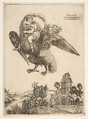 Ganymede as a young boy riding a large eagle (Zeus) in flight above a landscape, Giulio Campagnola (Italian, Padua ca. 1482–ca. 1515/18 Venice), Engraving