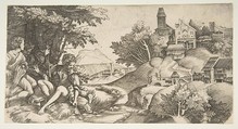 At left four shepherds with musical instruments seated under a group of trees; at right a hilly landscape with buildings, Giulio Campagnola  Italian, Engraving