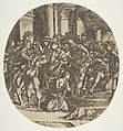 Female figure (Saint Catherine?) kneeling on the ground at center pleading to a male figure (Maximus?) who wears a crown and is seated on a throne at right; at left a figure with raised sword about to strike the woman; a group of figures looking on in the background, Domenico Campagnola  Italian, Engraving