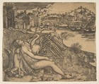 Naked woman (Leda) and swan (Zeus) embrace on a river bank; two figures jump into the water at middle ground; a town and bridge in the background., Anonymous, Italian, 16th century  Italian, Engraving
