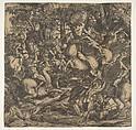 Group of naked men engaged in battle in a wooded landscape, some on horseback; a dog at lower left., Domenico Campagnola  Italian, Engraving