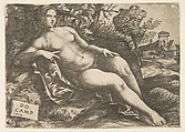 Nude woman (Venus) reclining in a landscape, Domenico Campagnola  Italian, Engraving