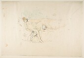 Draped Figure Reclining, James McNeill Whistler American, Transfer lithograph, second state of two (Chicago); printed in rose, bluish-green, olive green, yellowish-green, purple-brown, pale ochre and orange-red (it is likely that yellow has faded from this impression) on cream Japanese paper