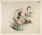 Decoration for a Plate: A Cat Hunting a Crab, Félix Bracquemond  French, Hand-colored etching