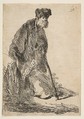 Man in a Coat and Fur Cap Leaning against a Bank, Rembrandt (Rembrandt van Rijn) Dutch, Etching, New Holl. first state of three