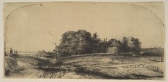 Cottages and a Hay Barn on the Diemerdijk with a Flock of Sheep, Rembrandt (Rembrandt van Rijn) Dutch, Etching and drypoint; second of two states