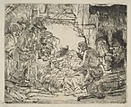 The Adoration of the Shepherds, with the lamp, Rembrandt (Rembrandt van Rijn) (Dutch, Leiden 1606–1669 Amsterdam), Etching; first of three states
