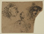 Two Female Heads and Standing Figure (from Sketches on the Coast Survey Plate), James McNeill Whistler American, Etching; proof impression of the only state (Glasgow 1); this is a fragment cut from the upper portion of "Sketches on the Coast Survey Plate" (Kennedy no. 1) by Whistler and mounted on a board with six other related fragments. Cited by Glasgow as the earliest known impression.