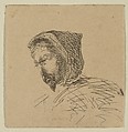 Hooded Male Head (from Sketches on The Coast Survey Plate), James McNeill Whistler American, Etching; proof impression of the only state (Glasgow 1); this is a fragment cut from the upper portion of "Sketches on the Coast Survey Plate" (Kennedy no. 1) by Whistler and mounted on a board with six other related fragments. Cited by Glasgow as the earliest known impression.
