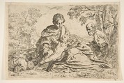 Rest on the flight into Egypt, Mary holding the infant Christ with St. Joseph at right, copy after Cantarini, Simone Cantarini  Italian, Etching