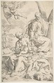 Rest on the flight into Egypt, Mary holding the infant Christ while St. Joseph hands him a fruit, Simone Cantarini  Italian, Etching