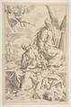 Rest on the flight into Egypt, Mary holding the infant Christ while St. Joseph hands him a fruit, Simone Cantarini  Italian, Etching