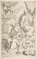 Rest on the flight into Egypt, Mary holding the infant Christ while St. Joseph hands him a fruit, Simone Cantarini  Italian, Etching