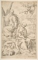 Rest on the flight into Egypt, Mary holding the infant Christ while St. Joseph hands him a fruit, Simone Cantarini  Italian, Etching