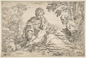Rest on the flight into Egypt, Mary holding the infant Christ with St. Joseph at right, Simone Cantarini  Italian, Etching