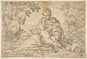 Rest on the flight into Egypt, Mary holding the infant Christ with St. Joseph at left, Simone Cantarini  Italian, Etching
