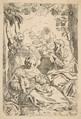 Repose in Egypt, Holy Family seated while an angel pulls at tree branches, copy after Cantarini, Simone Cantarini  Italian, Etching
