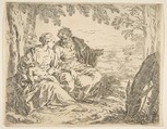 Rest on the flight into Egypt, Mary holding the infant Christ while St. Joseph points into the distance, Simone Cantarini Italian, Etching