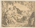 Rest on the flight into Egypt, Mary holding the infant Christ while St. Joseph points into the distance, copy after Cantarini, Simone Cantarini  Italian, Etching