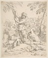 Repose in Egypt, Mary nursing the infant Christ while an angel pulls at tree branches, Simone Cantarini  Italian, Etching