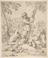 Repose in Egypt, Mary nursing the infant Christ while an angel pulls at tree branches, Simone Cantarini  Italian, Etching
