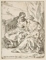 Rest on the flight into Egypt, Mary holding the infant Christ while St. Joseph points into the distance, copy after Cantarini, Simone Cantarini  Italian, Etching