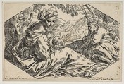 Repose in Egypt, Mary holding and looking at the infant Christ while St. Joseph sleeps, Simone Cantarini (Italian, Pesaro 1612–1648 Verona), Etching