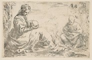 Rest on the flight into Egypt, Mary holding and looking at the infant Christ while St. Joseph reads, Simone Cantarini  Italian, Etching