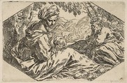 Repose in Egypt, Mary holding and looking at the infant Christ while St. Joseph sleeps, Simone Cantarini  Italian, Etching