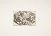 Repose in Egypt, Mary holding and looking at the infant Christ while St. Joseph sleeps, Simone Cantarini (Italian, Pesaro 1612–1648 Verona), Etching