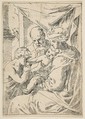 Holy Family with Saint John the Baptist kissing the infant Christ's hand, copy in reverse after Cantarini, Simone Cantarini  Italian, Etching
