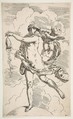 Fortune standing with one foot on a globe and emptying a purse of coins, Simone Cantarini  Italian, Etching