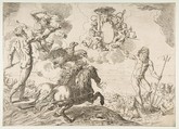 Jupiter, Neptune, and Pluto offering their crowns to the arms of Cardinal Borghese, Simone Cantarini (Italian, Pesaro 1612–1648 Verona), Etching; third state of four