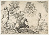Jupiter, Neptune, and Pluto offering their crowns to the arms of Cardinal Borghese, Simone Cantarini (Italian, Pesaro 1612–1648 Verona), Etching; second state of four