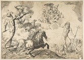 Jupiter, Neptune, and Pluto offering their crowns to the arms of Cardinal Borghese, Simone Cantarini (Italian, Pesaro 1612–1648 Verona), Etching; second state of four