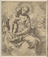 Madonna and Child seated on clouds and surrounded by angels, copy in reverse after Cantarini, Simone Cantarini  Italian, Etching
