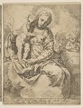 Madonna and Child seated on clouds and surrounded by angels, copy in reverse after Cantarini, Simone Cantarini  Italian, Etching