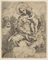 Madonna and Child seated on clouds and surrounded by angels, Simone Cantarini  Italian, Etching