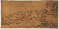 View of the Rhone river near Saint-Genis-Laval, south of Lyons, Michiel van Overbeek  Dutch, Pen and brown ink, brown wash, on brown paper; framing line in pen and brown ink, possibly by the artist