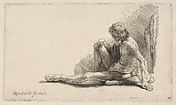 Study from the Nude: Man Seated on Ground, with One Leg Extended, Rembrandt (Rembrandt van Rijn) (Dutch, Leiden 1606–1669 Amsterdam), Etching and engraving; second of two states