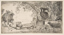 Pan reclincing near a large vase set in a landscape, Giovanni Benedetto Castiglione (Il Grechetto) (Italian, Genoa 1609–1664 Mantua), Etching