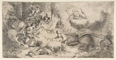The Virgin and Child, God the father upper right, angels at left, Giovanni Benedetto Castiglione (Il Grechetto) Italian, Etching