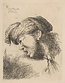 Man wearing a turban, a tie fastened around his neck, facing left, from 