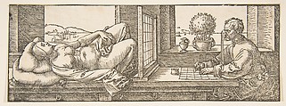 Draughtsman Making a Perspective Drawing of a Reclining Woman, Albrecht Dürer (German, Nuremberg 1471–1528 Nuremberg), Woodcut