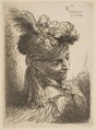 Young man facing three quaters right wearing a fur headdress with a plume, jewel and a headband,  from series of  'Small Heads in Oriental Headdress', Giovanni Benedetto Castiglione (Il Grechetto)  Italian, Etching